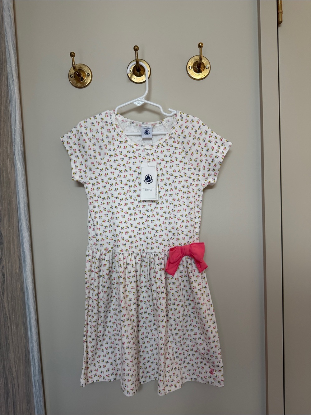 Petit Bateau Cream Floral Dress with Pink Bow Accent